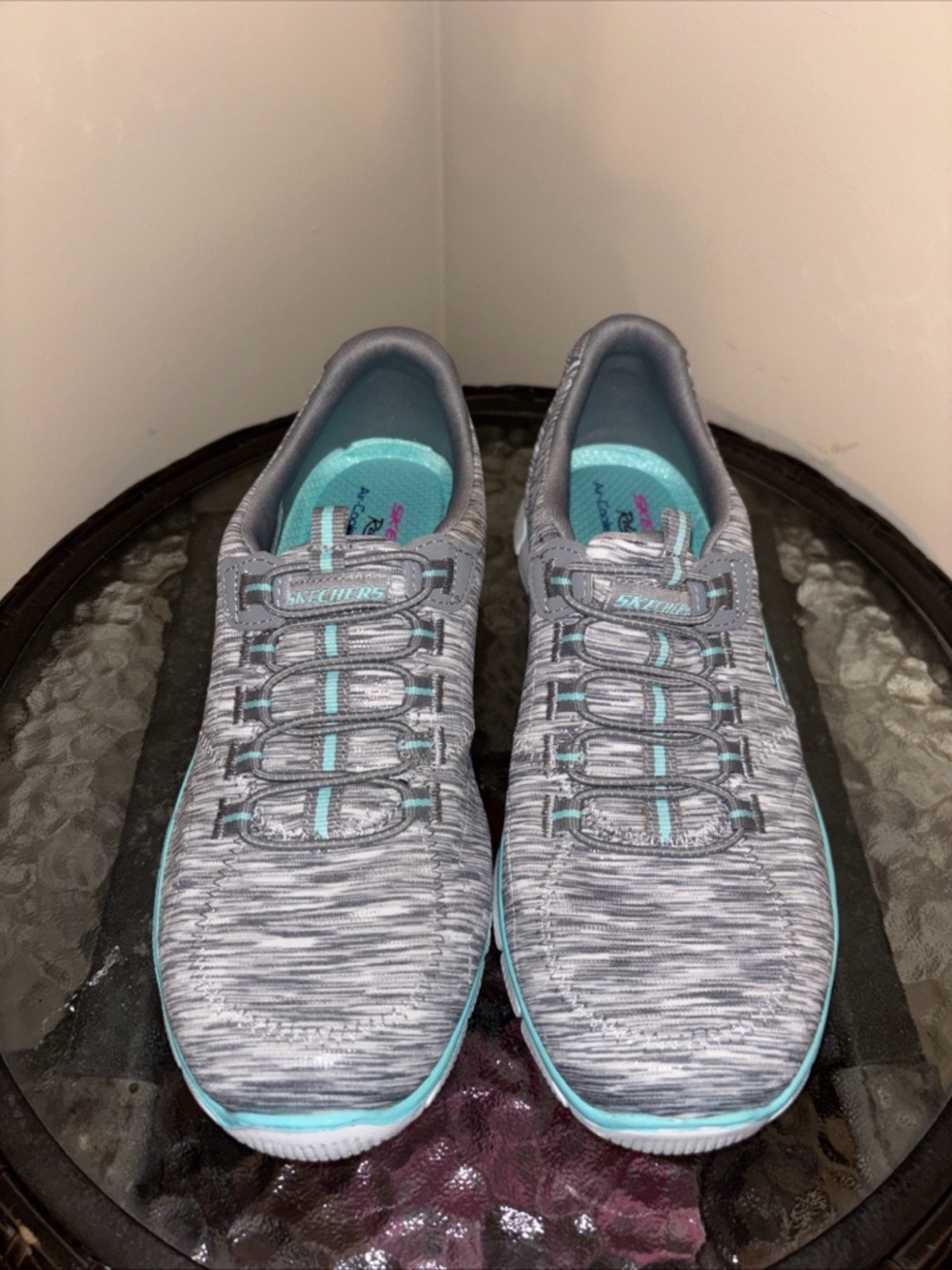 Skechers Women's Gray with Teal Slip-On Athletic Sneakers